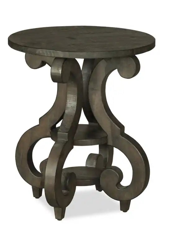 Bellamy 22 Traditional Round End Table with Shelf - Dark Brown Pine with Scroll Design Wood Base