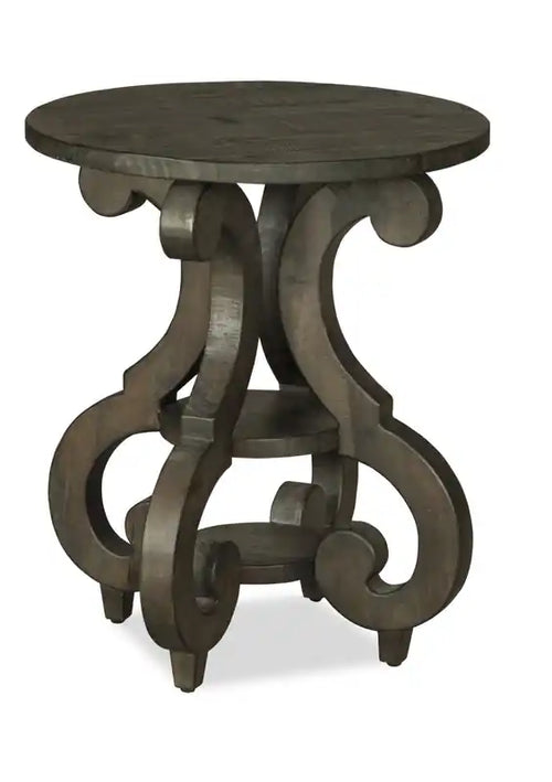 Bellamy 22 Traditional Round End Table with Shelf - Dark Brown Pine with Scroll Design Wood Base