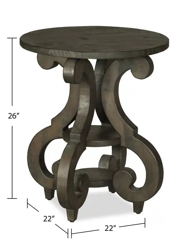Table de bout ronde traditionnelle de 22 po avec tablette – Pin brun foncé avec base en bois à motifs de volutes