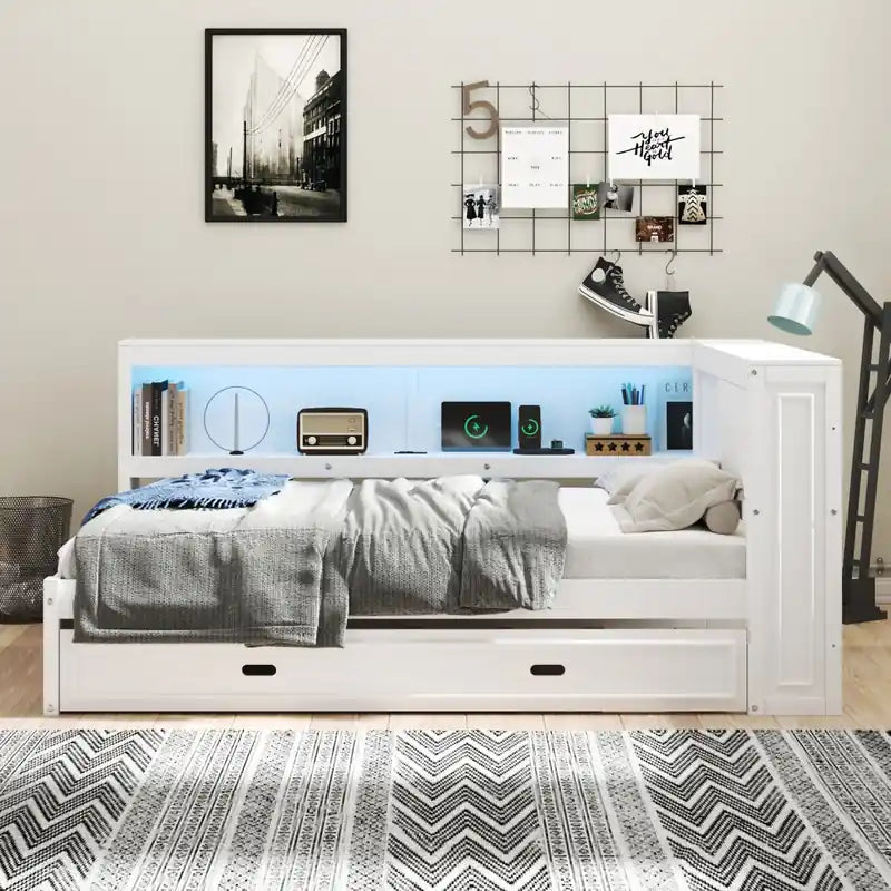Lit de Repos Double en Bois Avec Étagères de Rangement, USB, LED