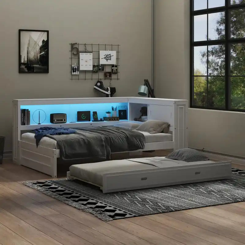 Lit de Repos Double en Bois Avec Étagères de Rangement, USB, LED