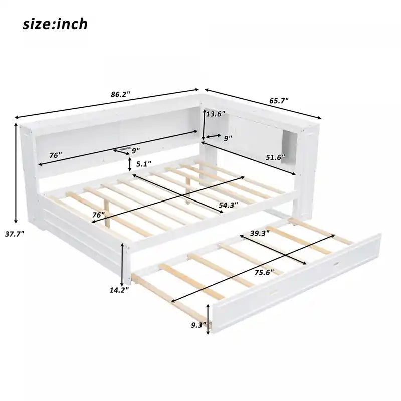 Lit de Repos Double en Bois Avec Étagères de Rangement, USB, LED