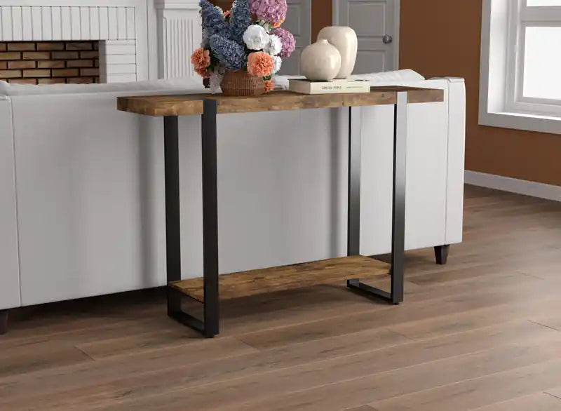 47 Table console avec 1 étagère - Aspect bois recyclé avec métal noir
