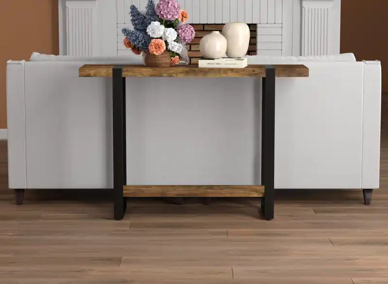 47 Table console avec 1 étagère - Aspect bois recyclé avec métal noir