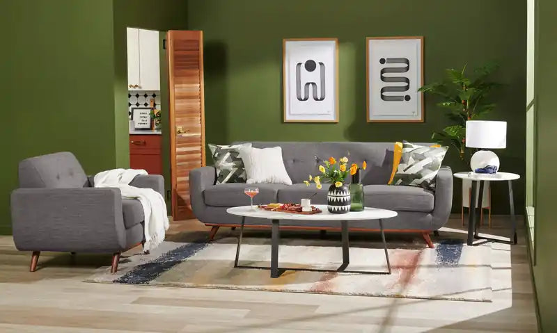 37 Chaise en tissu effet lin avec pieds en bois et coussin de dossier touffeté - Vert avocat