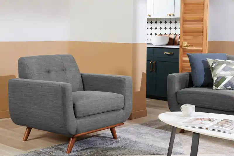 37 Chaise en tissu effet lin avec pieds en bois et coussin de dossier touffeté - Vert avocat