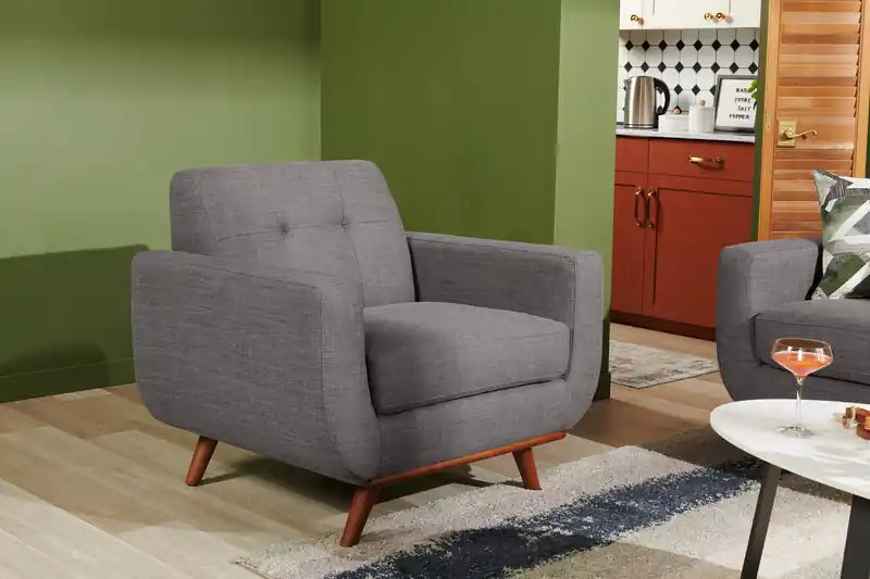 37 Chaise en tissu effet lin avec pieds en bois et coussin de dossier touffeté - Vert avocat