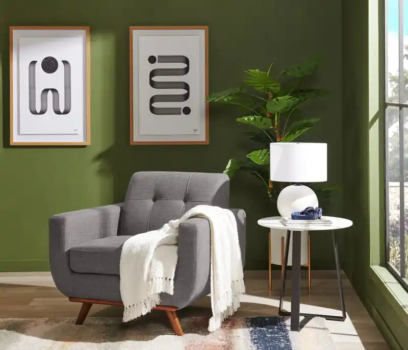 37 Chaise en tissu effet lin avec pieds en bois et coussin de dossier touffeté - Vert avocat
