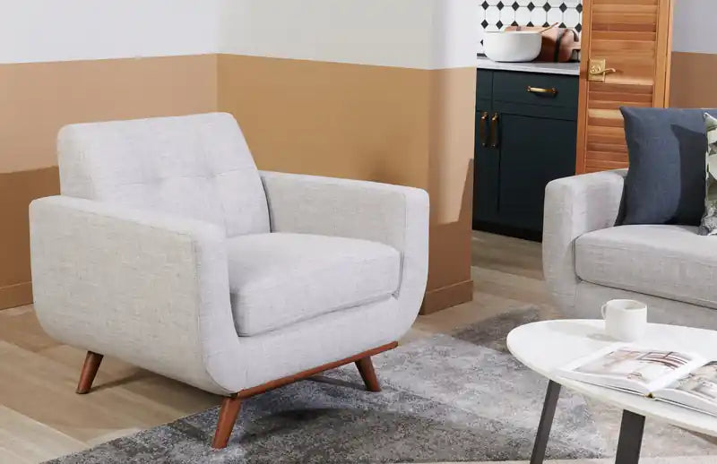 37 Chaise en tissu effet lin avec pieds en bois et coussin de dossier touffeté - Vert avocat