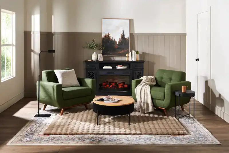 37 Chaise en tissu effet lin avec pieds en bois et coussin de dossier touffeté - Vert avocat