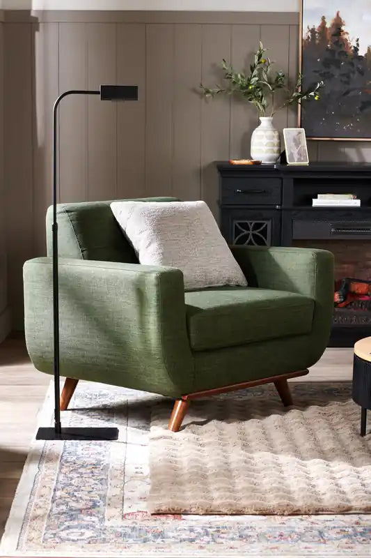 37 Chaise en tissu effet lin avec pieds en bois et coussin de dossier touffeté - Vert avocat