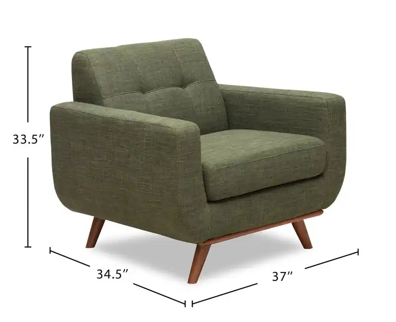 37 Chaise en tissu effet lin avec pieds en bois et coussin de dossier touffeté - Vert avocat