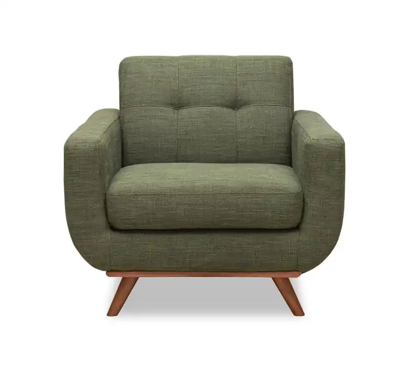 37 Chaise en tissu effet lin avec pieds en bois et coussin de dossier touffeté - Vert avocat