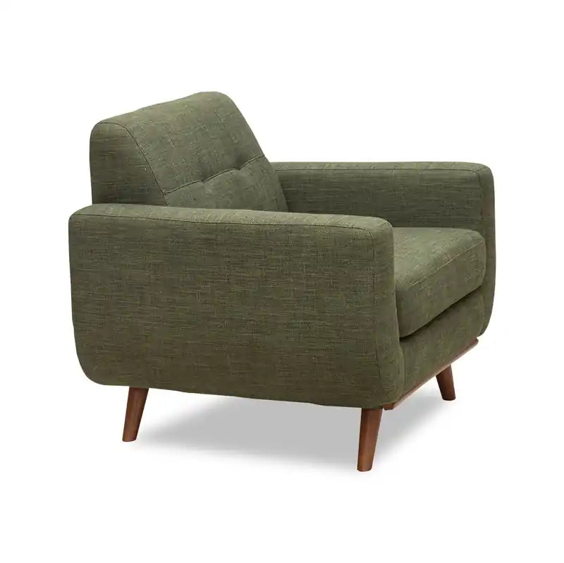 37 Chaise en tissu effet lin avec pieds en bois et coussin de dossier touffeté - Vert avocat