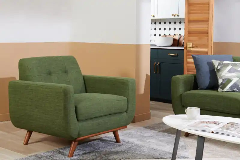 37 Chaise en tissu effet lin avec pieds en bois et coussin de dossier touffeté - Vert avocat