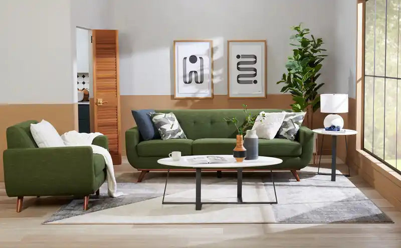 37 Chaise en tissu effet lin avec pieds en bois et coussin de dossier touffeté - Vert avocat