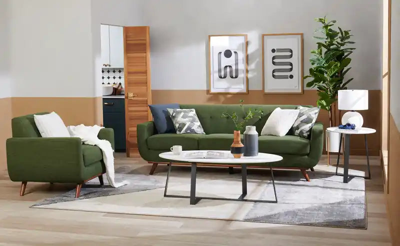 37 Chaise en tissu effet lin avec pieds en bois et coussin de dossier touffeté - Vert avocat