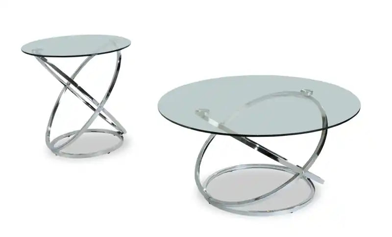 Hendrix 36 Modern 2-Pack Glass Top Coffee + End Table - Chrome with Metal Base