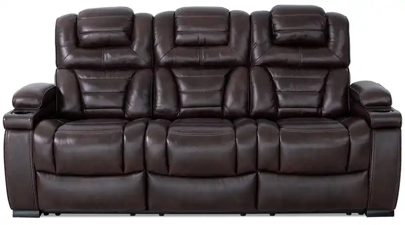 Hugo 84 Genuine Leather Power Reclining Sofa with Power Headrests, Dual Cupholders and USB Ports