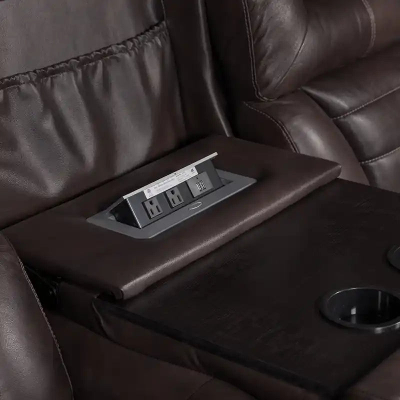 Canapé inclinable électrique en cuir véritable de 84 po avec appuie-tête électriques, deux porte-gobelets et ports USB
