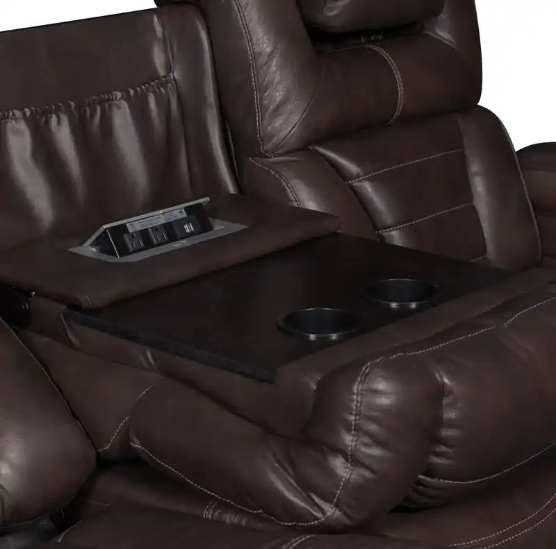 Canapé inclinable électrique en cuir véritable de 84 po avec appuie-tête électriques, deux porte-gobelets et ports USB