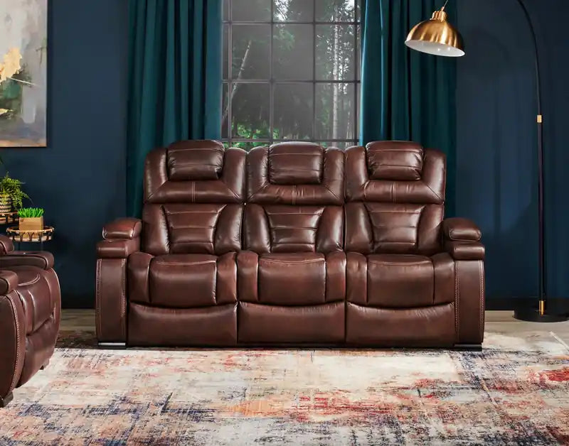 Canapé inclinable électrique en cuir véritable de 84 po avec appuie-tête électriques, deux porte-gobelets et ports USB