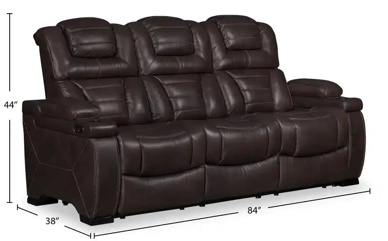 Canapé inclinable électrique en cuir véritable de 84 po avec appuie-tête électriques, deux porte-gobelets et ports USB