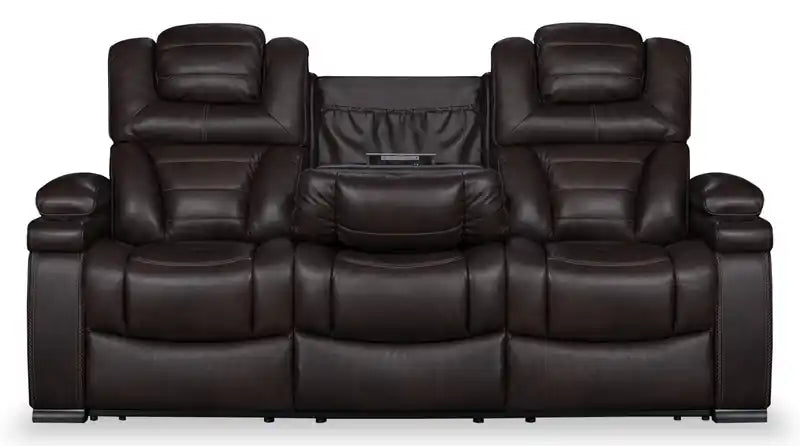 Canapé inclinable électrique en cuir véritable de 84 po avec appuie-tête électriques, deux porte-gobelets et ports USB
