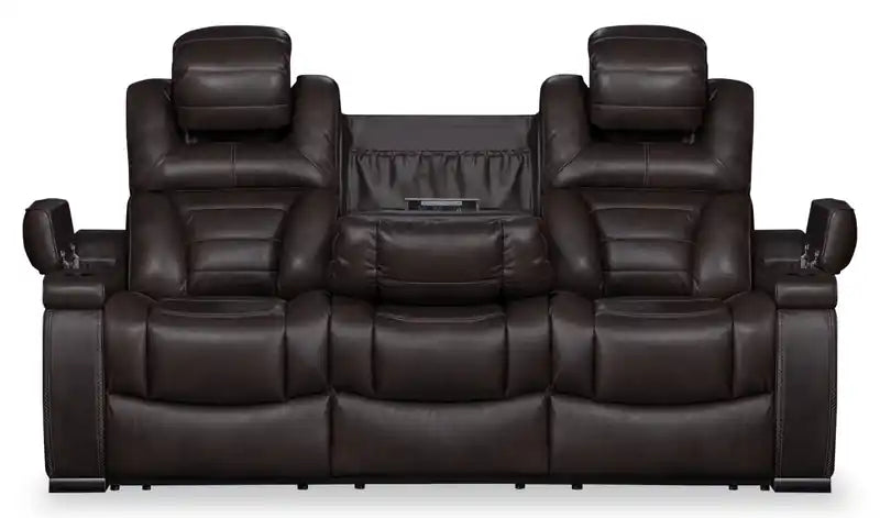 Canapé inclinable électrique en cuir véritable de 84 po avec appuie-tête électriques, deux porte-gobelets et ports USB