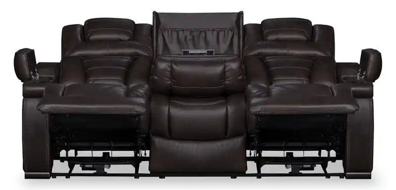 Canapé inclinable électrique en cuir véritable de 84 po avec appuie-tête électriques, deux porte-gobelets et ports USB