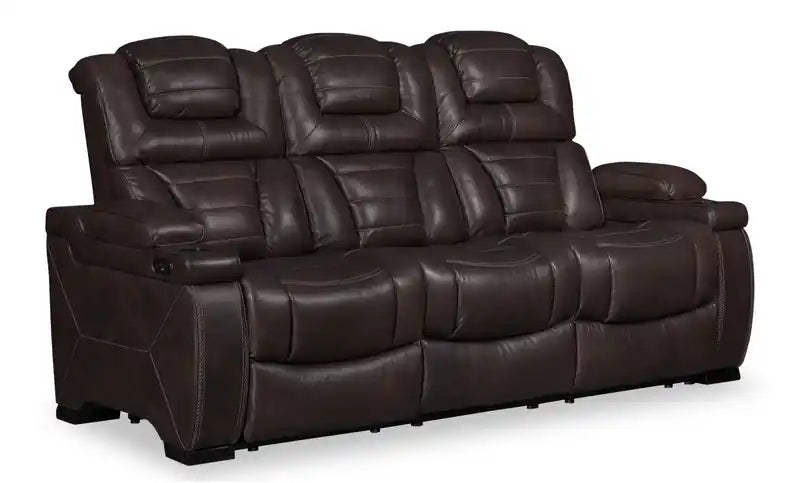 Canapé inclinable électrique en cuir véritable de 84 po avec appuie-tête électriques, deux porte-gobelets et ports USB