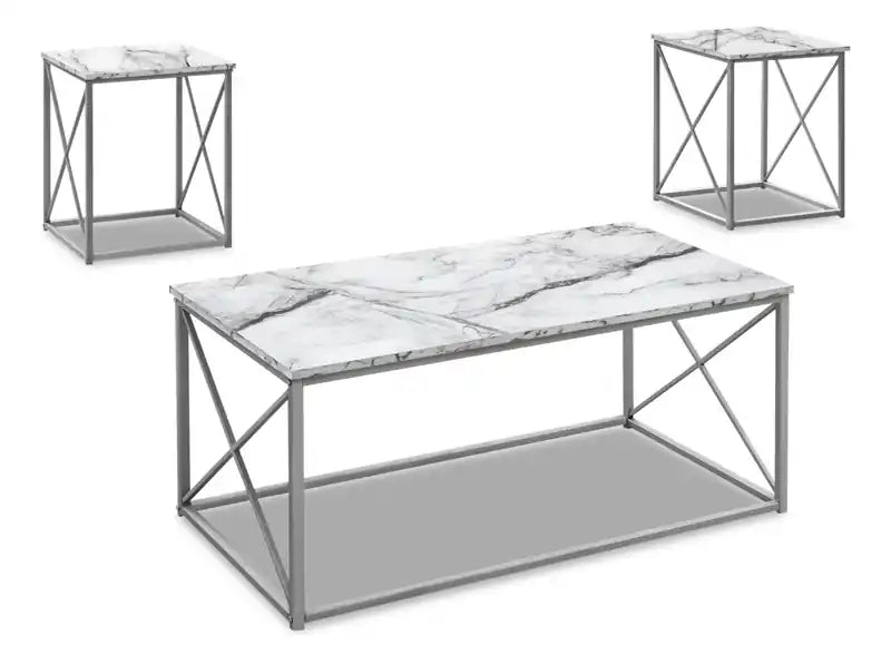 Kasey 42.25 Modern 3-Pack Coffee + 2 End Tables - White Marble Look with Grey Metal Base