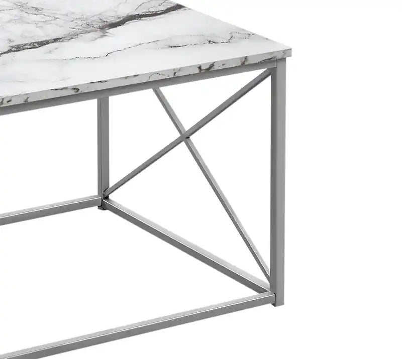 42,25 Table basse moderne + 2 tables d'appoint - Aspect marbre blanc avec base en métal gris