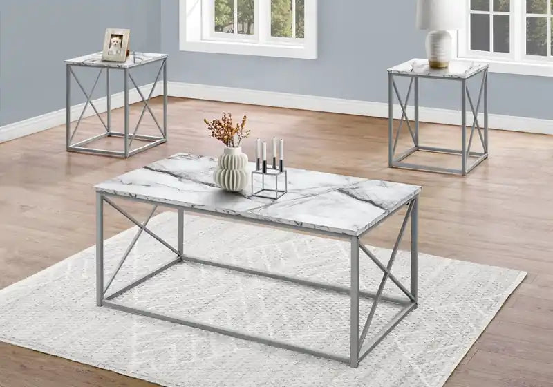 42,25 Table basse moderne + 2 tables d'appoint - Aspect marbre blanc avec base en métal gris