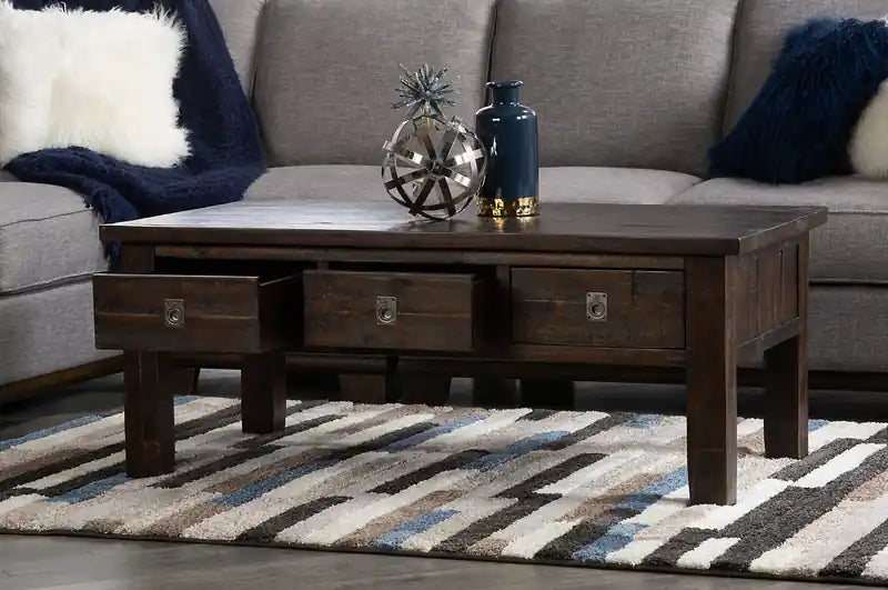 Table basse rustique de 48 po avec rangement et roulettes – Bois brun foncé