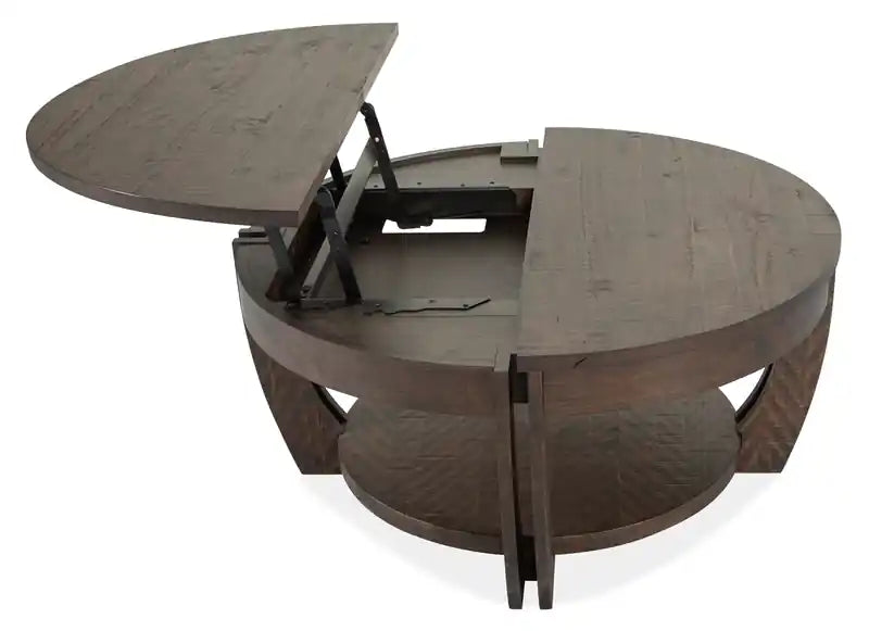 Table basse relevable ronde traditionnelle avec rangement et étagère - Pin marron - 38 po