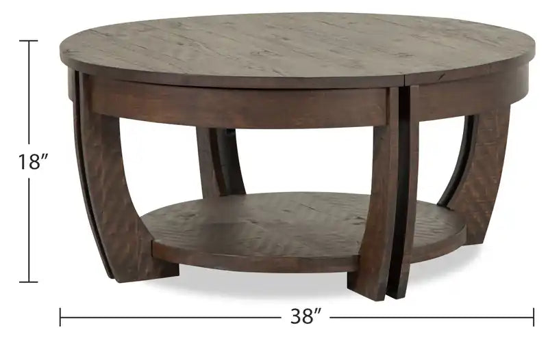 Table basse relevable ronde traditionnelle avec rangement et étagère - Pin marron - 38 po