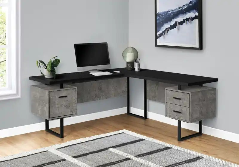 Bureau d'angle réversible en L de 71 po avec 3 tiroirs – Fini béton noir