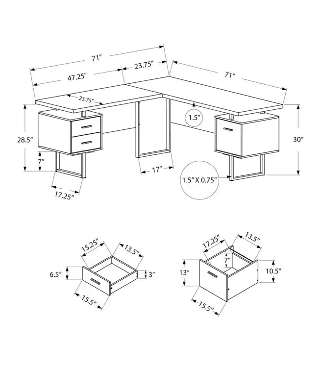 Bureau d'angle réversible en L de 71 po avec 3 tiroirs – Fini béton noir