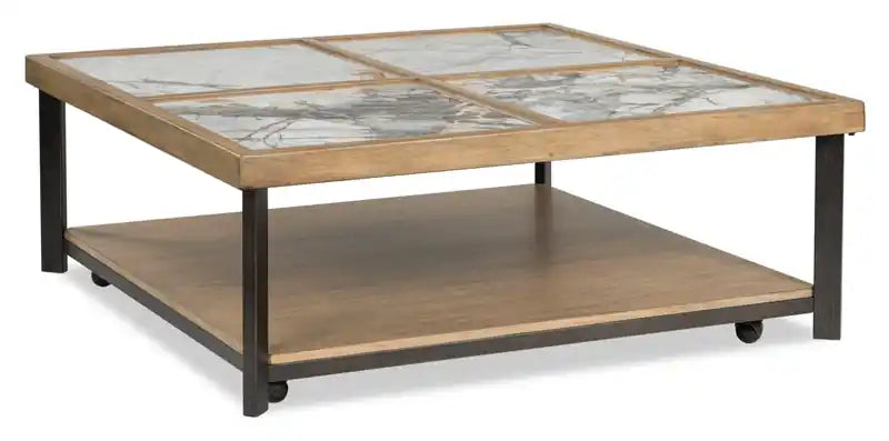 Marina 48 Contemporary Coffee Table with Stone Tiles, Shelf and Casters
