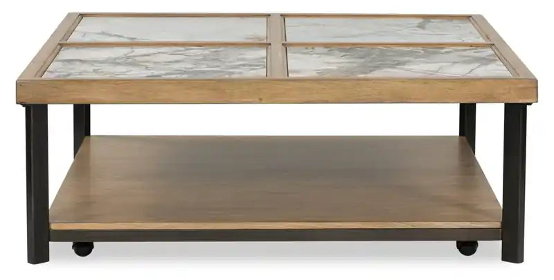 Table basse contemporaine 48 avec carreaux de pierre, étagère et roulettes