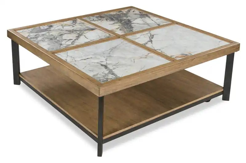 Table basse contemporaine 48 avec carreaux de pierre, étagère et roulettes