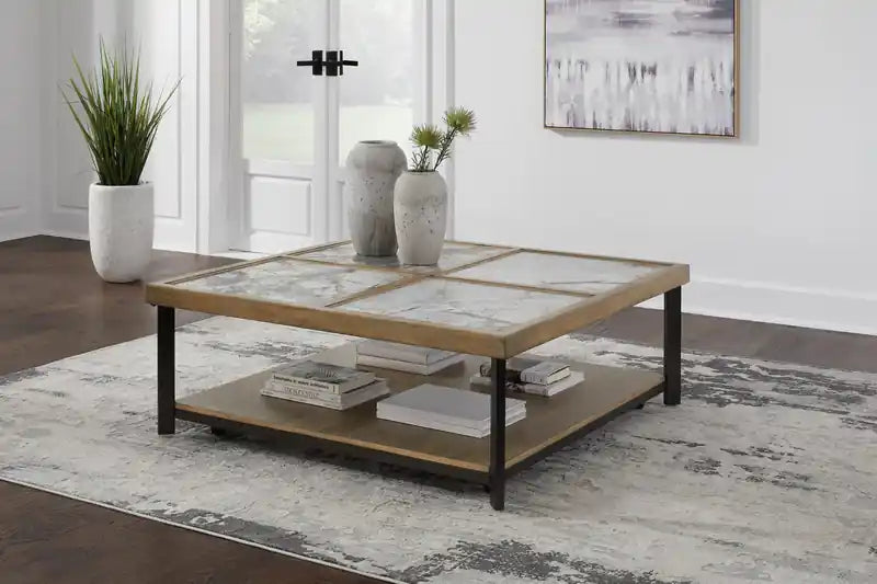 Table basse contemporaine 48 avec carreaux de pierre, étagère et roulettes