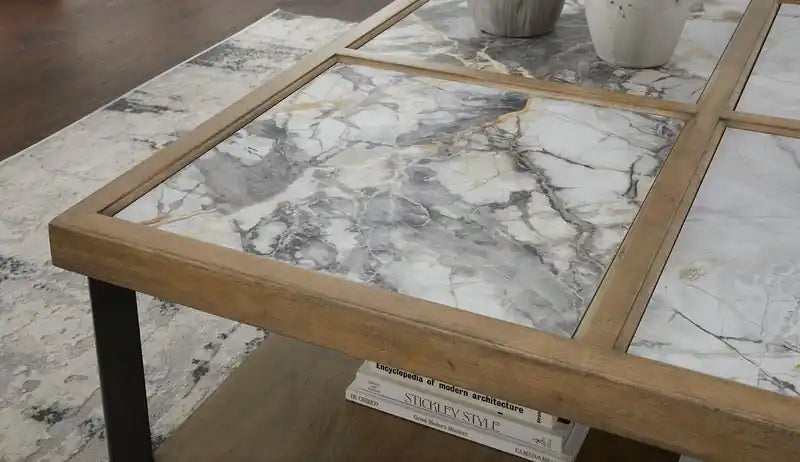 Table basse contemporaine 48 avec carreaux de pierre, étagère et roulettes