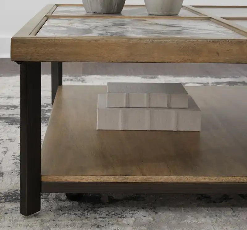 Table basse contemporaine 48 avec carreaux de pierre, étagère et roulettes