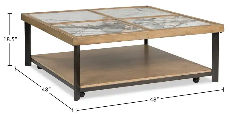 Table basse contemporaine 48 avec carreaux de pierre, étagère et roulettes