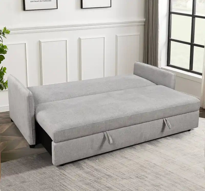 Canapé-lit 82,5 en tissu aspect lin avec rangement et deux coussins accoudoirs